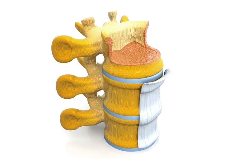 Spinal Stenosis 3D render showing a narrowed spinal canal and compressed spinal nerves at Texas Nerve and Spine in Sugar Land TX