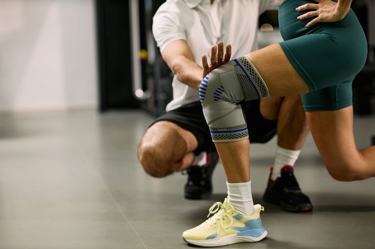 Young adult woman performing knee rehabilitation exercise under supervision of a physical therapist in a clinical setting
