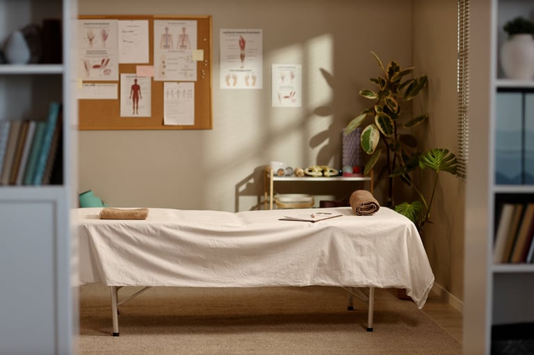 Wide shot of massage therapy room featuring treatment bed, clipboard, rolled towels, anatomy charts, preparing for client session and wellness care marketing or clinic promotion
