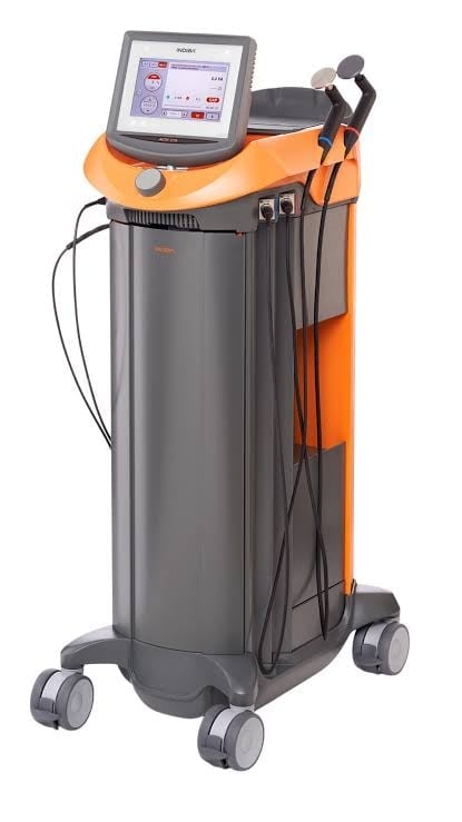 Orange and gray medical laser machine on wheeled stand with monitor display and dual applicator heads