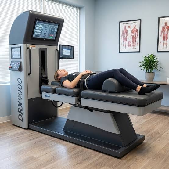 Patient lying on DRX9000 spinal decompression machine in a medical clinic with anatomical charts on walls